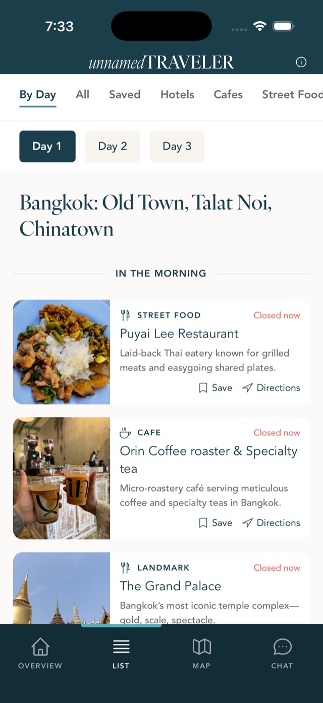Bangkok day-by-day itinerary screen in the app