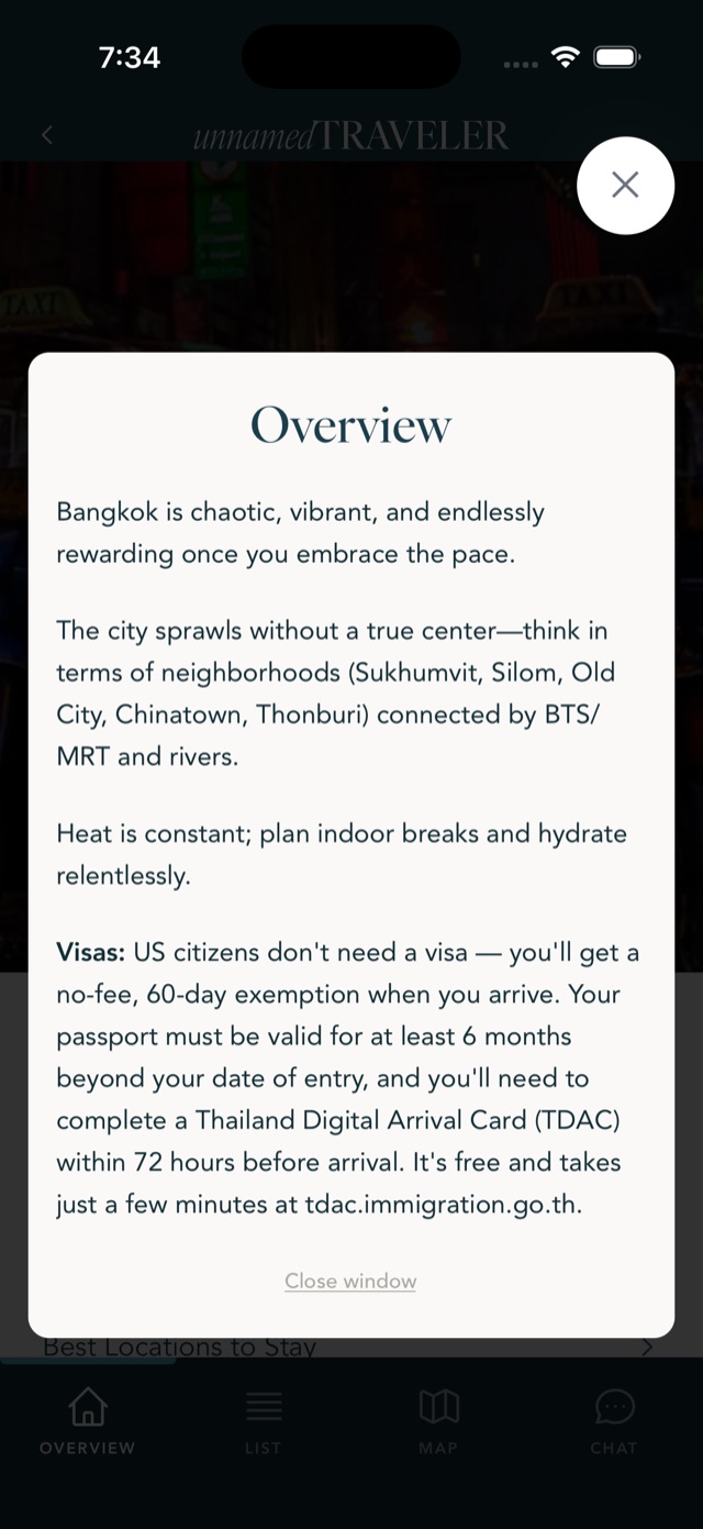 Bangkok city tips screen in the app