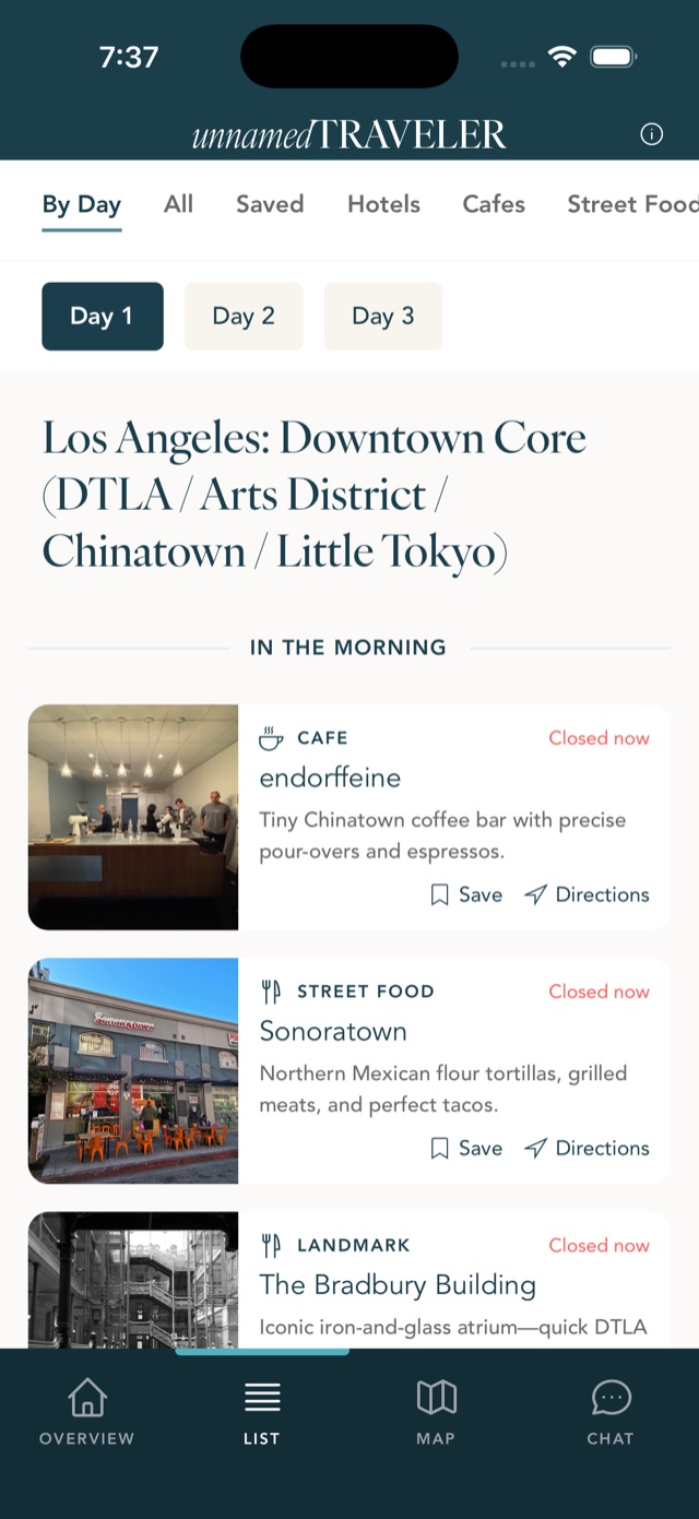 Los Angeles day-by-day itinerary screen in the app