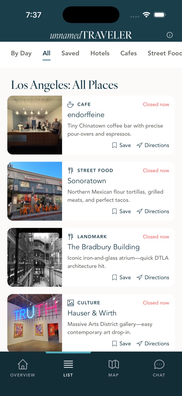 Los Angeles browse-by-category screen in the app