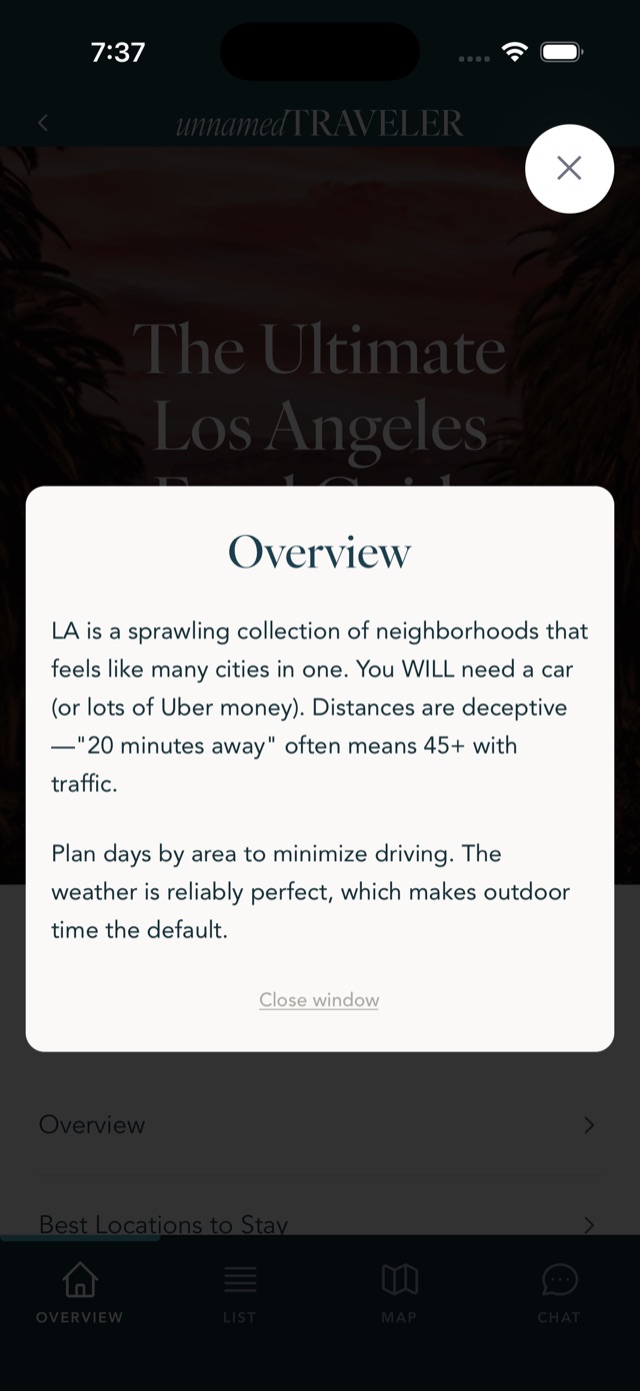 Los Angeles city tips screen in the app